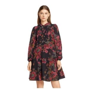 Maia floral on black shift Button-Front ruffle bottom Sheer lined Dress long slv